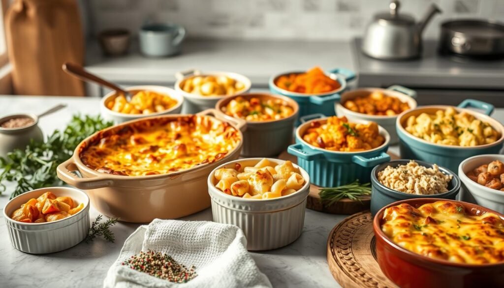 A beautifully lit and stylized still life composition featuring an assortment of delectable make-ahead casserole dishes. In the foreground, a large ceramic baking dish filled with a hearty, bubbling casserole, its golden-brown crust glistening under the warm lighting. Alongside it, smaller ramekins and casserole pans, each containing a variety of comforting, homemade recipes - from cheesy pasta bakes to hearty chicken and vegetable dishes. The middle ground showcases fresh herbs, seasonings, and cooking utensils, hinting at the care and attention put into crafting these nourishing meals. In the background, a soft, blurred kitchen setting, with subtle textures and muted tones that create a cozy, inviting atmosphere. The entire scene conveys the essence of effortless, make-ahead casserole cooking - simple, satisfying, and perfect for feeding a crowd.