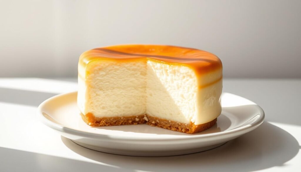 A beautifully lit, close-up photograph of a freshly baked Japanese cheesecake, with a soft, fluffy texture and a delicate golden-brown top. The cake is placed on a clean white porcelain plate, against a minimalist, light-colored background that enhances its elegant simplicity. Soft, natural lighting casts gentle shadows, highlighting the cake's smooth, creamy interior and the subtle sheen of the surface. The composition is balanced, with the cheesecake taking up the majority of the frame, allowing the viewer to fully appreciate its delicate beauty and the care with which it was prepared. A beautifully lit, close-up photograph of a freshly baked Japanese cheesecake, with a soft, fluffy texture and a delicate golden-brown top. The cake is placed on a clean white porcelain plate, against a minimalist, light-colored background that enhances its elegant simplicity. Soft, natural lighting casts gentle shadows, highlighting the cake's smooth, creamy interior and the subtle sheen of the surface. The composition is balanced, with the cheesecake taking up the majority of the frame, allowing the viewer to fully appreciate its delicate beauty and the care with which it was prepared.
