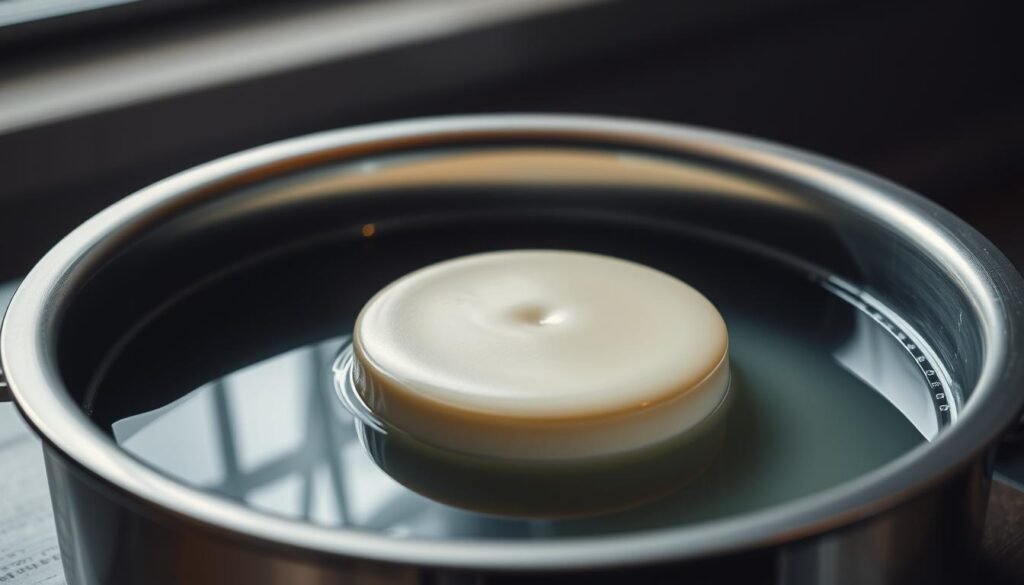 A beautifully lit close-up shot of a stainless steel baking tray filled with a water bath, the surface reflecting the shimmering light. In the center, a cheesecake sits nestled in the warm water, its smooth, creamy surface glistening. The edges of the tray are slightly blurred, drawing the eye to the cake. Soft, directional lighting casts gentle shadows, adding depth and dimension. The overall scene conveys a sense of calm, care, and attention to detail in the baking process, perfectly suiting the "Baking Tools & Preparation" section of the Japanese Cheesecake recipe article. A beautifully lit close-up shot of a stainless steel baking tray filled with a water bath, the surface reflecting the shimmering light. In the center, a cheesecake sits nestled in the warm water, its smooth, creamy surface glistening. The edges of the tray are slightly blurred, drawing the eye to the cake. Soft, directional lighting casts gentle shadows, adding depth and dimension. The overall scene conveys a sense of calm, care, and attention to detail in the baking process, perfectly suiting the "Baking Tools & Preparation" section of the Japanese Cheesecake recipe article.