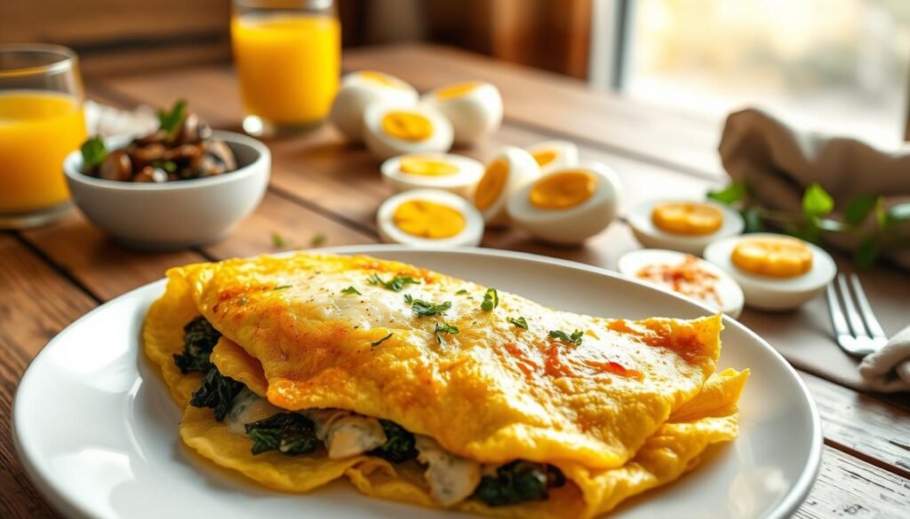 A beautifully lit, high-resolution image of a delectable keto-friendly breakfast spread. In the foreground, a fluffy, golden-brown omelet filled with melted cheese and fresh herbs sits on a clean, white plate. Beside it, a small bowl of sautéed mushrooms and spinach, seasoned with garlic and a hint of lemon. In the middle ground, a selection of hard-boiled eggs, some halved and sprinkled with paprika, others left whole. In the background, a rustic wooden table with a linen napkin and a small glass of fresh-squeezed orange juice, bathed in warm, natural lighting from a nearby window. The overall scene exudes an inviting, appetizing atmosphere, perfect for starting the day with a nutritious and satisfying keto-friendly breakfast.