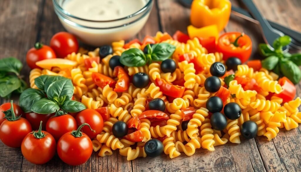 A beautifully lit, high-resolution image of a tri-color pasta salad's key ingredients arranged on a rustic wooden table. In the foreground, vibrant red cherry tomatoes, yellow bell pepper slices, and green basil leaves are neatly positioned. The middle ground features cooked tri-color fusilli pasta in various hues of red, yellow, and green, with a handful of black olives scattered throughout. In the background, a glass bowl of creamy Italian dressing and a set of stainless steel utensils create a sense of culinary preparation. The lighting is soft and natural, accentuating the colors and textures of the ingredients. The overall composition conveys the essence of a simple yet flavorful pasta salad. A beautifully lit, high-resolution image of a tri-color pasta salad's key ingredients arranged on a rustic wooden table. In the foreground, vibrant red cherry tomatoes, yellow bell pepper slices, and green basil leaves are neatly positioned. The middle ground features cooked tri-color fusilli pasta in various hues of red, yellow, and green, with a handful of black olives scattered throughout. In the background, a glass bowl of creamy Italian dressing and a set of stainless steel utensils create a sense of culinary preparation. The lighting is soft and natural, accentuating the colors and textures of the ingredients. The overall composition conveys the essence of a simple yet flavorful pasta salad.