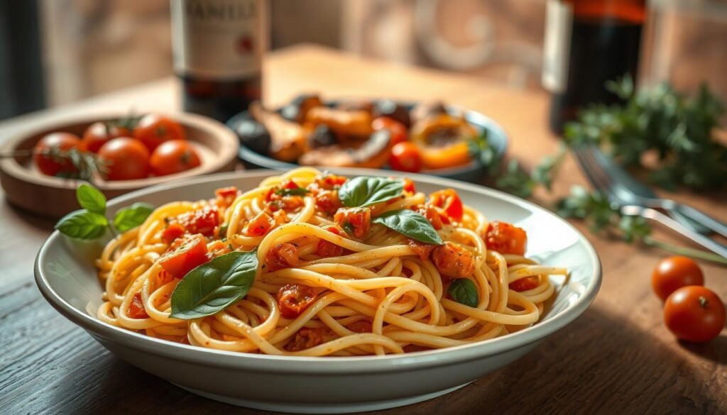 A beautifully lit, high-resolution photograph of an artfully arranged seasonal pasta dish. In the foreground, a plate of freshly cooked pasta noodles, tossed with a vibrant, sauce made from the best local produce - juicy tomatoes, aromatic basil, and rich olive oil. In the middle ground, a scattering of roasted vegetables, their caramelized edges lending depth of flavor. The background features a rustic, wooden table, a bottle of red wine, and a sprig of herbs, creating a cozy, homey atmosphere. Soft, natural lighting casts a warm glow over the entire scene, accentuating the textures and colors. The overall impression is one of delicious, seasonal comfort.