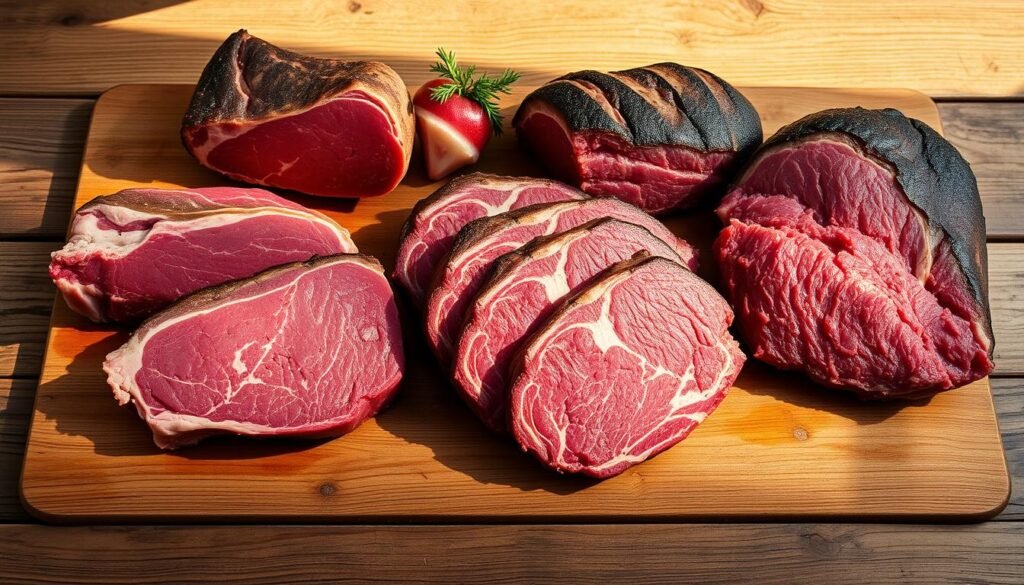 A beautifully lit, high-resolution photograph of an assortment of slow cooker-ready beef roast cuts, artfully arranged on a rustic wooden surface. The cuts include tender chuck roast, succulent brisket, and flavorful rump roast, each showcasing their distinctive marbling and textures. The lighting casts warm, natural shadows, accentuating the rich, earthy tones of the meat. The arrangement is meticulously composed, creating a visually appealing and informative display that captures the essence of slow cooker roast beef fundamentals.