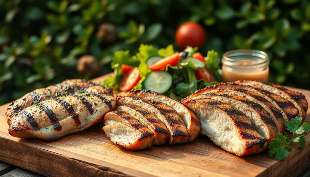 A beautifully lit image of grilled lean meats for a healthy summer dinner. In the foreground, sizzling marinated chicken breasts and juicy pork tenderloin steaks, seasoned with herbs and spices, are arranged on a rustic wooden cutting board. The middle ground features a vibrant salad of mixed greens, tomatoes, and cucumbers, dressed in a light vinaigrette. In the background, a backdrop of lush, verdant foliage sets the scene for this alfresco dining experience. The lighting is warm and natural, casting a golden glow over the scene. The overall mood is one of simplicity, freshness, and the rejuvenating spirit of a summer evening. A beautifully lit image of grilled lean meats for a healthy summer dinner. In the foreground, sizzling marinated chicken breasts and juicy pork tenderloin steaks, seasoned with herbs and spices, are arranged on a rustic wooden cutting board. The middle ground features a vibrant salad of mixed greens, tomatoes, and cucumbers, dressed in a light vinaigrette. In the background, a backdrop of lush, verdant foliage sets the scene for this alfresco dining experience. The lighting is warm and natural, casting a golden glow over the scene. The overall mood is one of simplicity, freshness, and the rejuvenating spirit of a summer evening.