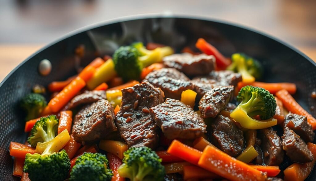 A beautifully lit overhead shot of a sizzling Asian-inspired beef stir fry, with tender slices of beef seared to perfection, nestled among a vibrant medley of crisp, colorful vegetables like broccoli, bell peppers, and carrots, all glistening with a savory, umami-rich sauce. The foreground is in sharp focus, with the beef and vegetables popping against a slightly blurred, but evenly lit background, creating a sense of depth and texture. Warm, natural lighting casts gentle shadows, enhancing the dish's dynamic visual appeal. The overall mood is one of inviting, mouthwatering authenticity, capturing the essence of a flavorful, Asian-inspired beef stir fry.