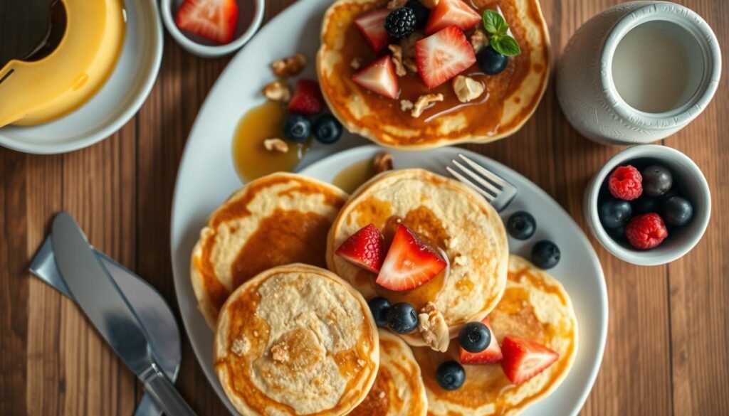 A beautifully lit overhead shot of a wooden table showcasing an artfully arranged spread of homemade vegan pancakes, garnished with fresh sliced fruit, a drizzle of maple syrup, and a sprinkle of toasted nuts. The pancakes have a fluffy, golden-brown texture, and the presentation is both visually appealing and mouthwatering. The lighting is soft and natural, highlighting the vibrant colors and textures of the ingredients. The background is slightly blurred, keeping the focus on the delectable plant-based breakfast. A beautifully lit overhead shot of a wooden table showcasing an artfully arranged spread of homemade vegan pancakes, garnished with fresh sliced fruit, a drizzle of maple syrup, and a sprinkle of toasted nuts. The pancakes have a fluffy, golden-brown texture, and the presentation is both visually appealing and mouthwatering. The lighting is soft and natural, highlighting the vibrant colors and textures of the ingredients. The background is slightly blurred, keeping the focus on the delectable plant-based breakfast.