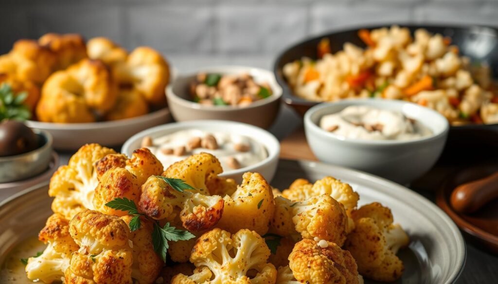 A beautifully lit scene showcasing an assortment of creative cauliflower-based side dishes. In the foreground, a platter displays roasted cauliflower florets with a vibrant, golden-brown exterior, garnished with fresh herbs and a drizzle of olive oil. In the middle ground, a cauliflower puree is elegantly presented in a white ceramic bowl, its silky texture accentuated by a sprinkle of toasted pine nuts. In the background, a cauliflower rice stir-fry sizzles in a cast-iron skillet, the crisp, multicolored vegetables complemented by the fragrant aroma of garlic and spices. The overall mood is one of fresh, wholesome, and visually appealing culinary delights.