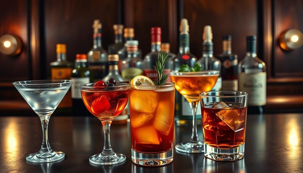 A beautifully lit table setting showcasing a classic cocktail menu. In the foreground, crystal highball glasses filled with various alcoholic beverages, such as a martini, a negroni, and an old-fashioned, each garnished with cherries, lemon twists, and aromatic herbs. Behind them, a middle ground displays an array of elegant liquor bottles, their labels clearly visible, against a backdrop of dark, sophisticated wood paneling. Warm, indirect lighting casts a soft, inviting glow over the scene, creating a cozy, intimate atmosphere perfect for exploring popular cocktail recipes even for beginner mixologists.