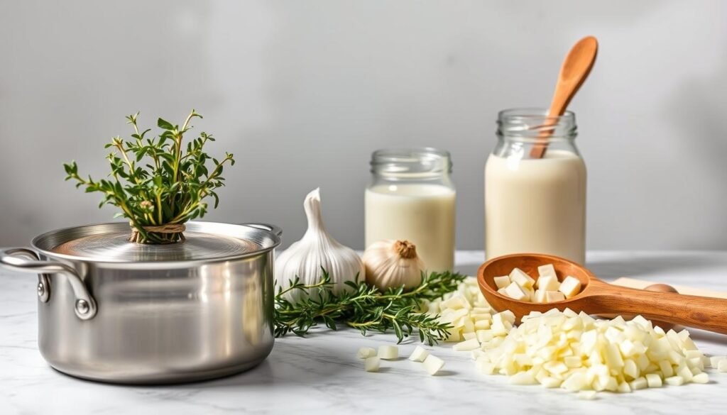 A beautifully lit table showcases an arrangement of essential ingredients for crafting creamy, velvety soups. In the foreground, a stainless steel pot sits alongside a bundle of fresh thyme, a head of garlic, and a wedge of Parmesan cheese. In the middle ground, a glass jar of heavy cream, a wooden spoon, and a pile of diced onions create a harmonious still life. The background features a neutral backdrop, allowing the textures and colors of the ingredients to take center stage. Soft, directional lighting illuminates the scene, casting gentle shadows and highlighting the rich, luxurious nature of these culinary essentials. The overall composition evokes a sense of cozy, comforting indulgence, perfectly capturing the essence of "Creamy Soup Recipes That Feel Like Velvety Indulgence."