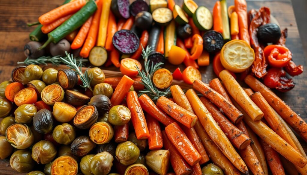 A beautifully lit, top-down photograph of an assortment of roasted vegetable side dishes arranged on a rustic wooden table. In the foreground, tender roasted brussels sprouts, carrots, and parsnips glistening with olive oil and lightly dusted with sea salt. Behind them, a mix of rainbow-colored roasted beets, zucchini, and bell peppers arranged in a visually appealing manner. The middle ground features a scattering of fresh herbs like rosemary and thyme, adding pops of greenery. The background is softly blurred, creating a cozy, intimate atmosphere, with warm, diffused lighting reflecting off the natural wood tones. The overall scene conveys the delicious, homemade quality of these hearty, flavorful roasted veggie side dishes.