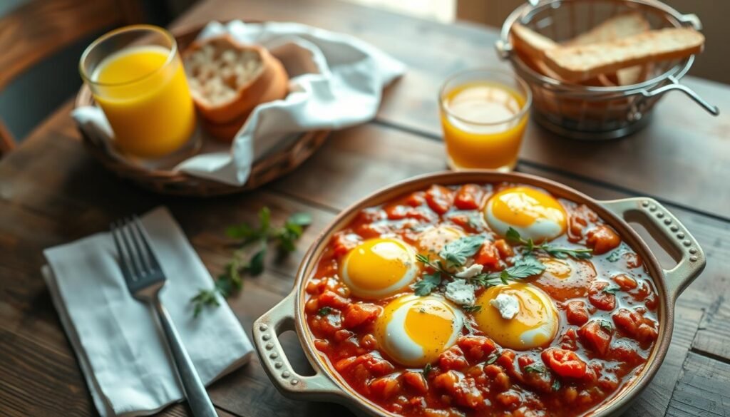 A beautifully lit, top-down view of a rustic Mediterranean breakfast scene. In the foreground, a shallow ceramic dish filled with a rich, tomato-based sauce dotted with perfectly poached eggs, their golden yolks gently oozing. Flecks of fresh herbs and a sprinkling of crumbled feta cheese adorn the vibrant dish. In the middle ground, a wooden table is set with a crisp white linen napkin, a glass of fresh-squeezed orange juice, and a basket of warm, crusty bread. The background features soft, natural light filtering through a window, casting a warm, inviting glow over the scene. The overall atmosphere is one of simple, wholesome elegance, perfectly capturing the essence of an authentic Mediterranean breakfast.
