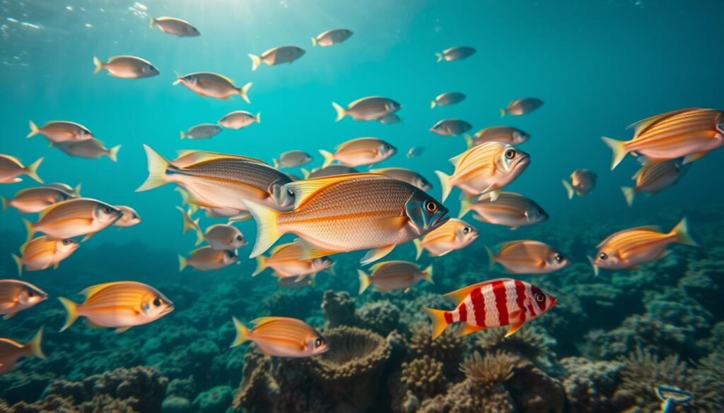 A beautifully lit underwater scene featuring a vibrant school of Mediterranean fish swimming gracefully against a backdrop of coral reefs and sunlit waters. In the foreground, a diverse array of species including gilthead seabream, European sea bass, red mullet, and striped red mullet glide effortlessly through the crystalline ocean. The middle ground showcases the intricate details of these fish, their shimmering scales and vibrant colors accentuated by the soft lighting. In the background, the lush seabed is dotted with anemones, sponges, and other marine flora, creating a serene and captivating oceanic tableau. The overall mood is one of tranquility and natural wonder, inviting the viewer to immerse themselves in the bountiful diversity of the Mediterranean's marine life.