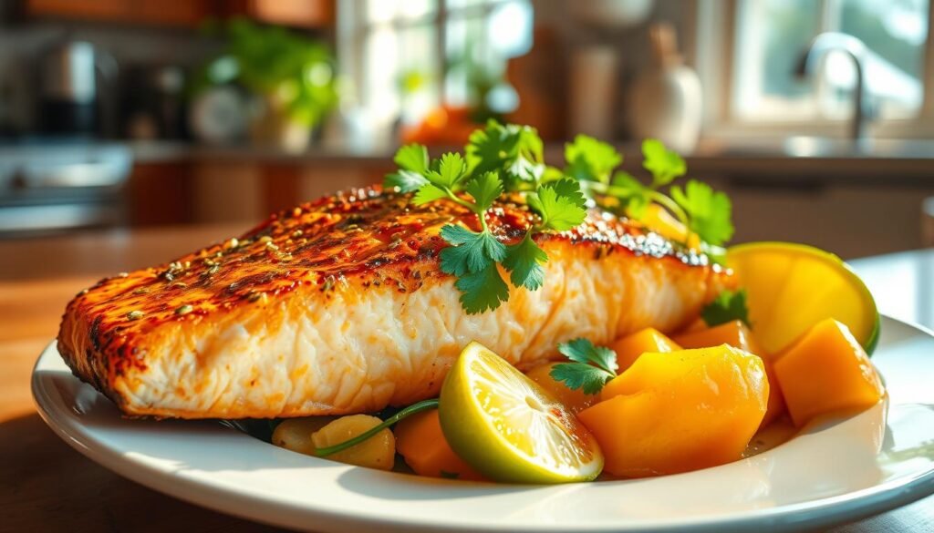 A beautifully plated Caribbean salmon fillet, golden-brown and glistening, nestled atop a bed of vibrant tropical vegetables. The salmon's flaky flesh is seared to perfection, its surface caramelized and gently charred, releasing a mouthwatering aroma of citrus, garlic, and warm spices. The plate is adorned with slices of ripe mango, wedges of fresh lime, and sprigs of fragrant cilantro, creating a visually stunning and flavorful composition. The kitchen is bathed in warm, natural light, casting a soft, inviting glow on the dish. The overall scene evokes the sun-drenched, laid-back ambiance of a Caribbean beach house, inviting the viewer to savor the bold, island-inspired taste of this baked salmon masterpiece.