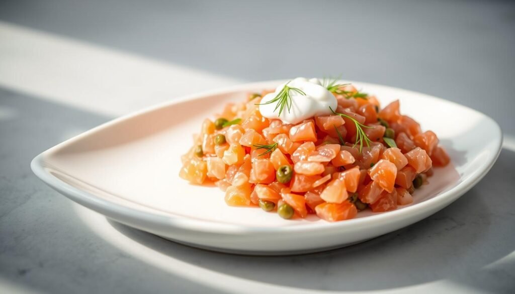 A beautifully plated smoked salmon tartare, presented on a sleek, white ceramic dish. The delicate, ruby-hued salmon is finely chopped and gently seasoned, its smoky essence complemented by the tang of shallots, capers, and a touch of lemon. Garnished with a scattering of fresh dill fronds and a drizzle of crème fraîche, the dish is illuminated by soft, natural lighting that casts a warm, inviting glow. The composition is elegant and minimalist, allowing the vibrant colors and textures of the salmon to take center stage against a clean, uncluttered background. A beautifully plated smoked salmon tartare, presented on a sleek, white ceramic dish. The delicate, ruby-hued salmon is finely chopped and gently seasoned, its smoky essence complemented by the tang of shallots, capers, and a touch of lemon. Garnished with a scattering of fresh dill fronds and a drizzle of crème fraîche, the dish is illuminated by soft, natural lighting that casts a warm, inviting glow. The composition is elegant and minimalist, allowing the vibrant colors and textures of the salmon to take center stage against a clean, uncluttered background.
