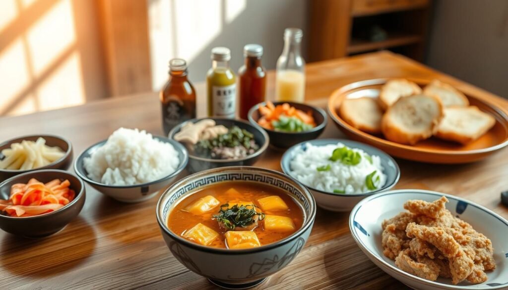 A beautifully presented Japanese curry dish with an array of complementary side dishes arranged artfully on a wooden table. In the foreground, a steaming bowl of rich, aromatic curry is flanked by delicate pickled vegetables, fluffy white rice, and crisp panko-breaded pork cutlets. In the middle ground, a selection of condiments and garnishes, such as shredded seaweed, pickled ginger, and freshly chopped scallions, add vibrant pops of color. The background features a simple, rustic setting with natural lighting filtering in, casting a warm, inviting glow over the scene. The overall mood is one of cozy, comforting elegance, perfectly suited for serving and enjoying a hearty Japanese curry meal.