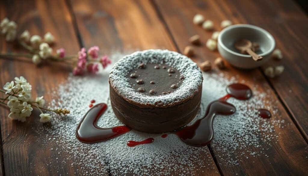 A beautifully presented gluten-free dessert, captured in a warm, inviting light. The dessert, perhaps a rich chocolate cake or a delicate fruit tart, takes center stage on a rustic wooden table, surrounded by a carefully curated selection of complementary elements. Delicate floral sprigs, a dusting of powdered sugar, and a drizzle of decadent sauce add visual interest and depth to the composition. The image is shot from a slightly elevated angle, creating a sense of elegance and visual appeal. The overall mood is one of artful simplicity, showcasing the dessert's alluring texture and flavor in a way that is both appetizing and allergen-safe.