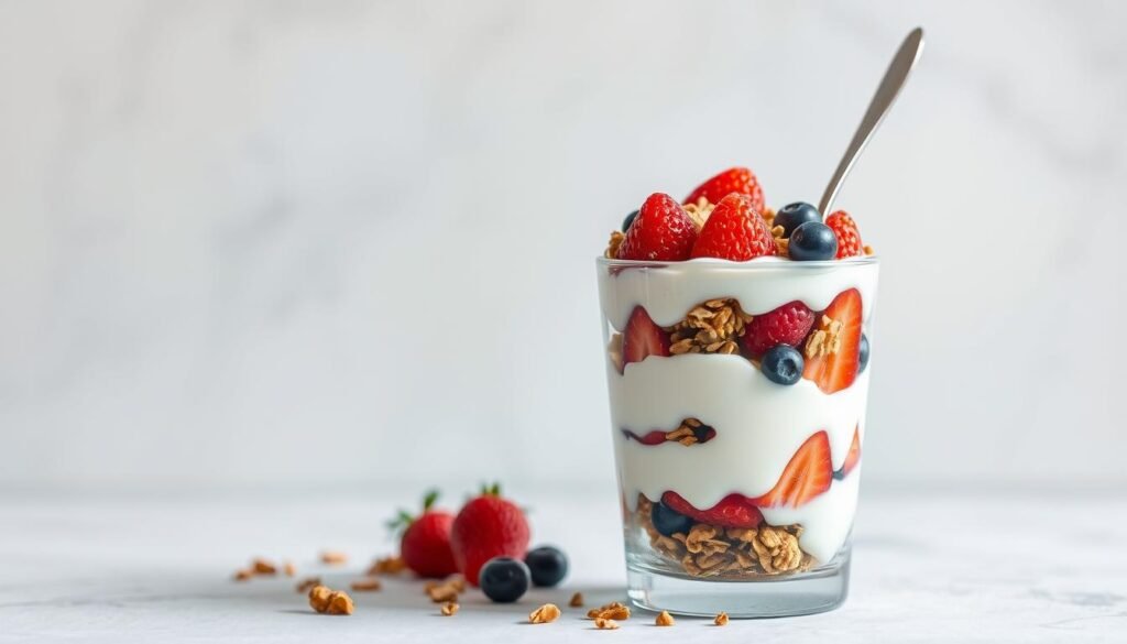 A beautifully styled yogurt fruit parfait with layers of creamy yogurt, colorful fresh berries, and crunchy granola. The parfait is set against a light, airy background, creating a sense of freshness and simplicity. The glass container showcases the vibrant layers, with a spoon partially submerged, hinting at the delightful texture and flavors. Soft, diffused lighting gently illuminates the scene, casting subtle shadows and highlights that enhance the parfait's visual appeal. The overall composition evokes a sense of wholesome indulgence, making it the perfect sweet snack to satisfy cravings instantly.