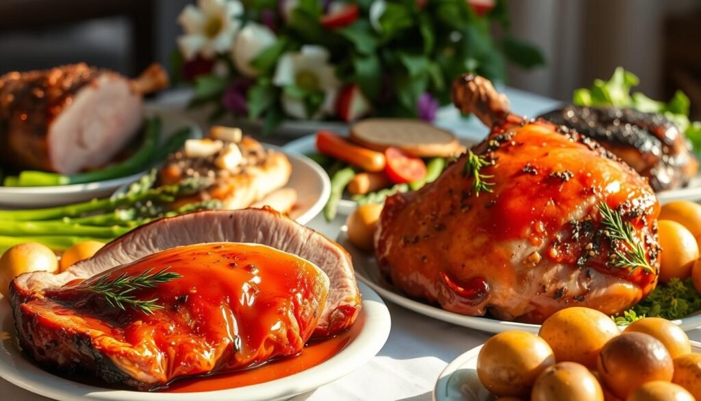A bountiful Easter table, adorned with a mouth-watering array of main course dishes. In the foreground, a succulent honey-glazed ham, its glistening surface accented by a warm, golden hue. Neighboring it, a juicy roasted leg of lamb, seasoned with aromatic herbs and garlic. In the middle ground, a creamy, herb-crusted baked salmon, accompanied by fresh asparagus spears and roasted baby potatoes. The background features a vibrant salad, its vibrant greens and vibrant hues complementing the heartier entrees. Soft, natural lighting bathes the scene, creating a welcoming and inviting atmosphere. Captured from a slightly elevated angle, the image showcases the culinary masterpieces in all their glory, enticing the viewer to savor each delectable bite. A bountiful Easter table, adorned with a mouth-watering array of main course dishes. In the foreground, a succulent honey-glazed ham, its glistening surface accented by a warm, golden hue. Neighboring it, a juicy roasted leg of lamb, seasoned with aromatic herbs and garlic. In the middle ground, a creamy, herb-crusted baked salmon, accompanied by fresh asparagus spears and roasted baby potatoes. The background features a vibrant salad, its vibrant greens and vibrant hues complementing the heartier entrees. Soft, natural lighting bathes the scene, creating a welcoming and inviting atmosphere. Captured from a slightly elevated angle, the image showcases the culinary masterpieces in all their glory, enticing the viewer to savor each delectable bite.