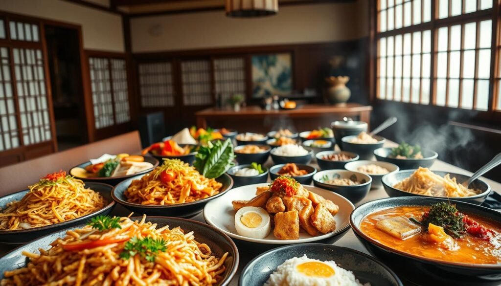 A bountiful Japanese feast, captured in vibrant detail. In the foreground, an array of sizzling, artfully-plated main dishes: tender yakisoba, fluffy katsu, and fragrant, steaming curry. Adorned with delicate garnishes, each plate shines under soft, diffused lighting, inviting the viewer to savor the complex flavors. In the middle ground, an assortment of colorful side dishes and rice bowls, complementing the mains. The background features a traditional Japanese interior, with shoji screens, wooden accents, and a serene, minimalist ambiance, transporting the viewer to an authentic dining experience. Blending tradition and modernity, this image captures the essence of crowd-pleasing Japanese main course ideas. A bountiful Japanese feast, captured in vibrant detail. In the foreground, an array of sizzling, artfully-plated main dishes: tender yakisoba, fluffy katsu, and fragrant, steaming curry. Adorned with delicate garnishes, each plate shines under soft, diffused lighting, inviting the viewer to savor the complex flavors. In the middle ground, an assortment of colorful side dishes and rice bowls, complementing the mains. The background features a traditional Japanese interior, with shoji screens, wooden accents, and a serene, minimalist ambiance, transporting the viewer to an authentic dining experience. Blending tradition and modernity, this image captures the essence of crowd-pleasing Japanese main course ideas.