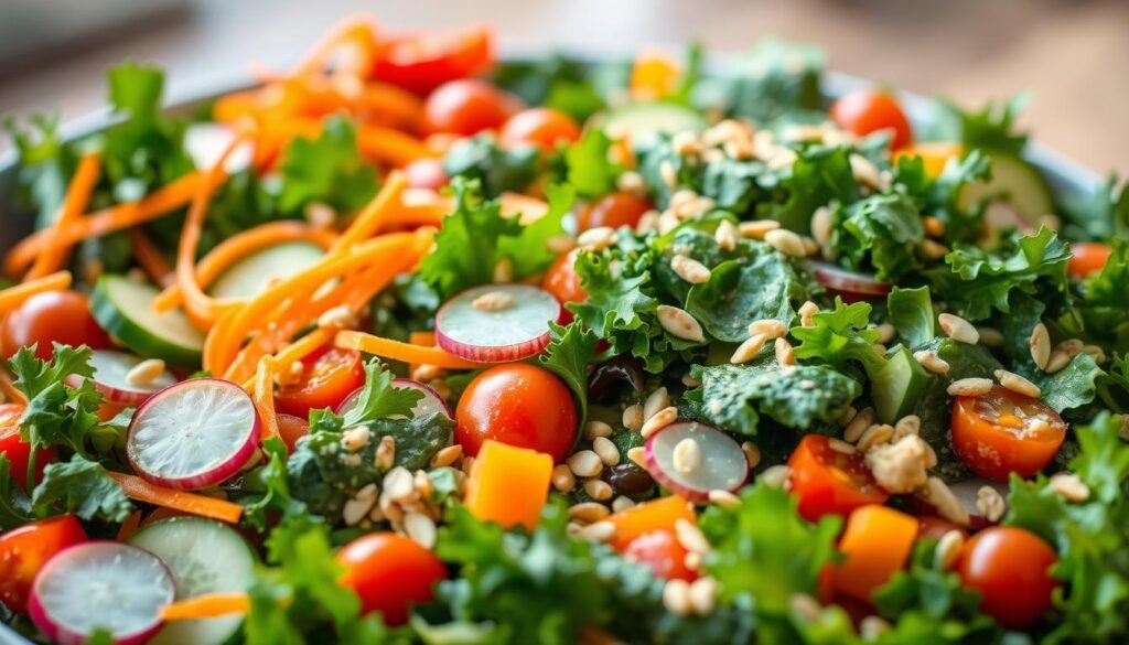 A bountiful arrangement of fresh, crunchy salad greens, crisp vegetables, and vibrant colors. In the foreground, a mix of leafy kale, romaine, and spinach, drizzled with a light vinaigrette. Scattered throughout, julienned carrots, thinly sliced cucumber, cherry tomatoes, and a sprinkle of toasted sunflower seeds. The middle ground features a scattering of radish slices and diced bell peppers, creating a visually appealing texture. In the background, a soft, bokeh-like blur, highlighting the natural beauty of the ingredients. Lit from above with soft, natural lighting, capturing the freshness and vitality of this delightful salad side.