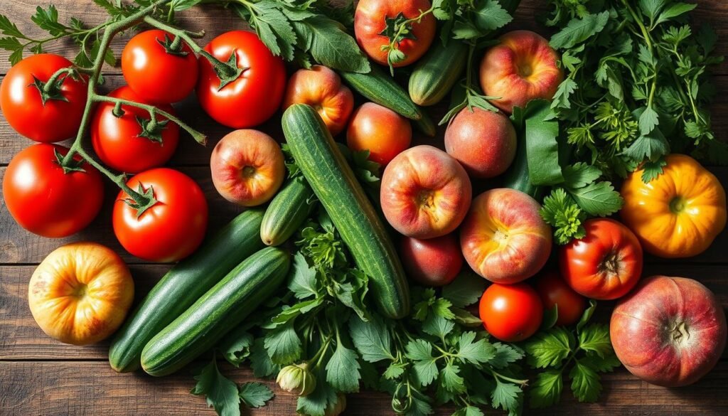 A bountiful arrangement of fresh summer produce - ripe tomatoes, crisp cucumbers, juicy peaches, vibrant leafy greens, and aromatic herbs - scattered across a rustic wooden table. Soft, natural lighting illuminates the scene, casting warm shadows and accentuating the vibrant colors. The composition is styled in an inviting, organic manner, conveying the essence of summer's abundance and the joy of cooking with the season's finest ingredients. The overall mood is one of simplicity, freshness, and the celebration of nature's gifts.