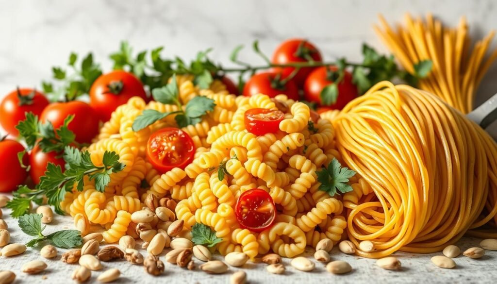 A bountiful arrangement of gluten-free pasta varieties, including spiral fusilli, penne, and spaghetti, elegantly presented against a backdrop of fresh green herbs, vibrant tomatoes, and a scattering of toasted pine nuts. The lighting is soft and natural, casting warm, inviting shadows that accentuate the textures and colors of the ingredients. The overall scene radiates a sense of nourishment and culinary delight, catering to a diverse range of dietary preferences.