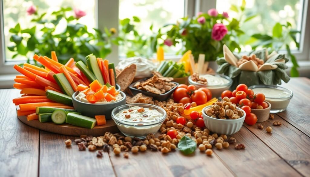 A bountiful array of colorful and wholesome vegetarian snacks arranged on a rustic wooden table. In the foreground, an assortment of freshly cut vegetables like carrots, cucumber, bell peppers, and cherry tomatoes, accompanied by creamy hummus and tangy tzatziki dips. In the middle ground, crunchy seed crackers, roasted chickpeas, and handfuls of mixed nuts and dried fruit. The background features a lush greenery-filled window, allowing natural light to gently illuminate the scene. The overall mood is one of vibrant healthfulness and effortless nourishment, inviting the viewer to indulge in these delectable yet guilt-free treats.