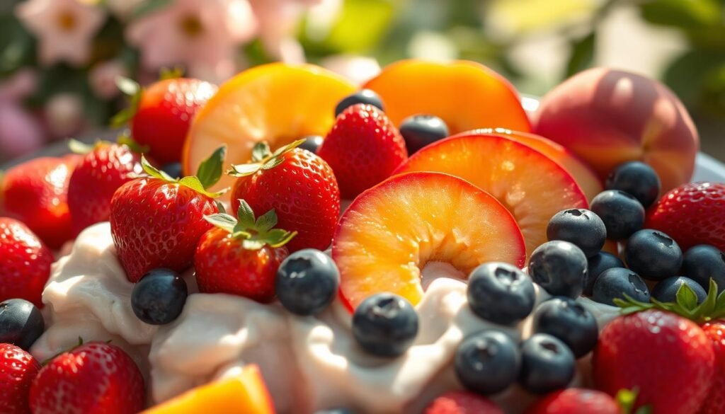 A bountiful array of fresh, juicy fruits arranged in a tempting summer dessert display. Plump, glistening strawberries, vibrant blueberries, and luscious peach slices nestled atop a creamy, cloud-like base. Dappled sunlight filters through the scene, casting a warm, golden glow and casting delicate shadows. The composition is artfully balanced, with the fruits taking center stage against a softly blurred, pastel-hued background. The overall mood is one of refreshing, summery delight - a delectable treat to cool and satisfy on a hot, lazy day.