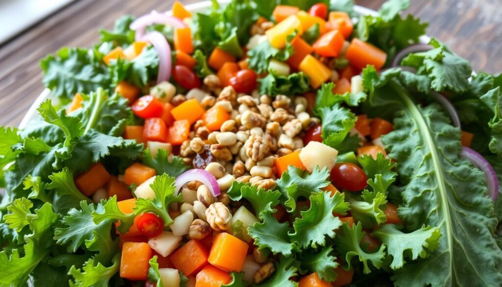 A bountiful assortment of vibrant kale leaves, creatively combined with an array of fresh ingredients. In the foreground, a mix of kale varieties, from deep green curly kale to delicate baby kale, artfully arranged. Surrounding them, a medley of diced vegetables - crisp carrots, juicy tomatoes, crunchy bell peppers, and tangy red onions. In the middle ground, a scattering of toasted nuts and seeds, adding texture and nutty flavor. The background hints at a rustic wooden surface, with natural light softly illuminating the scene, evoking a sense of wholesome, homemade goodness. The overall mood is one of healthy, visually appealing, and imaginative kale salad ideas.