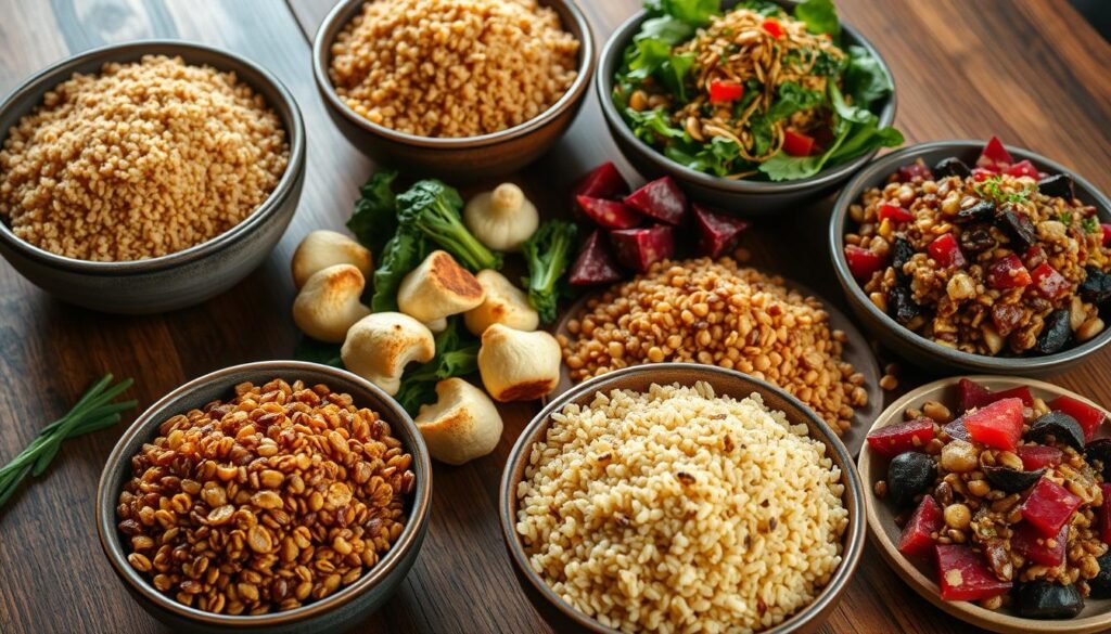A bountiful assortment of whole grain side dishes, artfully arranged on a rustic wooden table. In the foreground, steaming bowls of nutty quinoa, hearty brown rice, and chewy farro. Scattered around, roasted garlic-infused cauliflower florets, sautéed kale with toasted pine nuts, and a vibrant beet and barley salad, dressed in a tangy vinaigrette. Soft, indirect lighting casts a warm, inviting glow, emphasizing the natural textures and colors of these nutritious, flavorful offerings. The overall scene evokes a sense of wholesome, earthy elegance, perfectly suited to elevate any main dish.