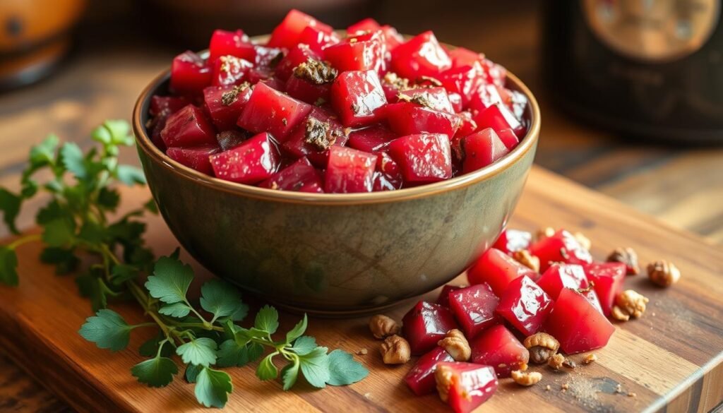 A bountiful bowl of homemade rhubarb chutney, its vibrant crimson hues gleaming under the warm, golden light of a rustic kitchen. Simmering chunks of tart rhubarb intertwine with the complex flavors of aromatic spices, brown sugar, and a touch of vinegar, creating a symphony of savory and sweet. The chutney is artfully presented on a wooden board, alongside a scatter of fresh herbs and a sprinkle of toasted nuts, inviting the viewer to imagine its bold, tangy flavors complementing a savory dish. The overall scene exudes a cozy, inviting atmosphere, capturing the essence of a delightful "Savory Rhubarb Recipe Surprise."