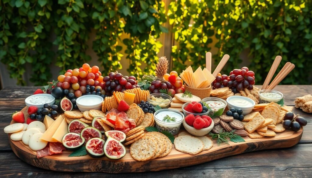 A bountiful charcuterie board set upon a rustic wooden table, adorned with vibrant summer produce. In the foreground, slices of cured meats, artisanal cheeses, and fresh figs, grapes, and berries. The middle ground showcases assorted crackers, breadsticks, and a variety of dips and spreads, all bathed in warm, golden lighting. In the background, a lush, verdant garland cascades down, creating a lush, inviting atmosphere. The overall scene radiates a sense of abundance, celebration, and the flavors of the season. A bountiful charcuterie board set upon a rustic wooden table, adorned with vibrant summer produce. In the foreground, slices of cured meats, artisanal cheeses, and fresh figs, grapes, and berries. The middle ground showcases assorted crackers, breadsticks, and a variety of dips and spreads, all bathed in warm, golden lighting. In the background, a lush, verdant garland cascades down, creating a lush, inviting atmosphere. The overall scene radiates a sense of abundance, celebration, and the flavors of the season.