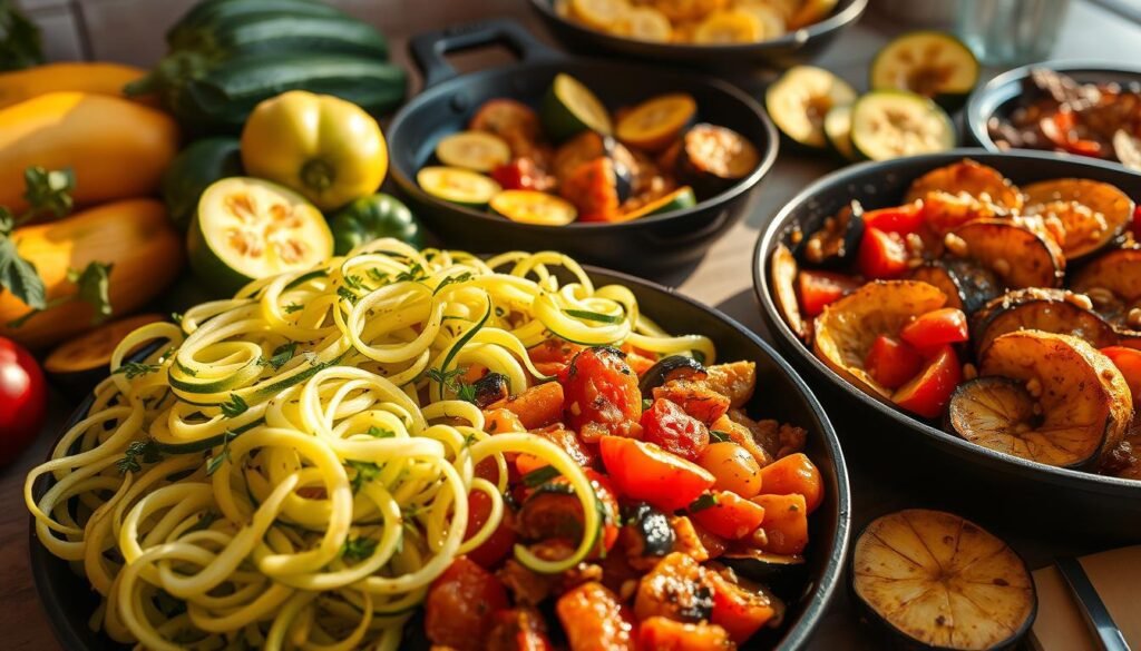 A bountiful display of fresh, vibrant summer squash dishes takes center stage, bathed in warm, golden light. In the foreground, delicate ribbons of zucchini are tossed with fragrant herbs and a drizzle of olive oil, while halved patty pans sizzle on a cast-iron skillet. The middle ground showcases a hearty ratatouille, its tender eggplant, tomatoes, and peppers mingling in a rich, aromatic sauce. In the background, a platter of roasted squash wedges, caramelized at the edges and sprinkled with toasted pine nuts, completes the scene. The overall atmosphere conveys the abundance and versatility of summer squash, a true seasonal star.