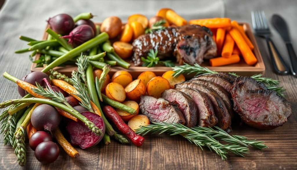 A bountiful display of fresh, vibrant vegetables arranged artistically on a rustic wooden surface, perfectly complementing a succulent lamb dish. In the foreground, an assortment of seasonal produce: earthy beets, tender asparagus, crisp green beans, and fragrant rosemary sprigs. The middle ground features roasted potatoes and sliced carrots, their caramelized edges glistening under soft, warm lighting. In the background, a subtle backdrop of textured linen and polished silverware, creating a harmonious and inviting atmosphere. The overall composition evokes the comforting flavors and textures of a hearty, home-cooked meal, capturing the essence of pairing lamb with flavorful, complementary side dishes.