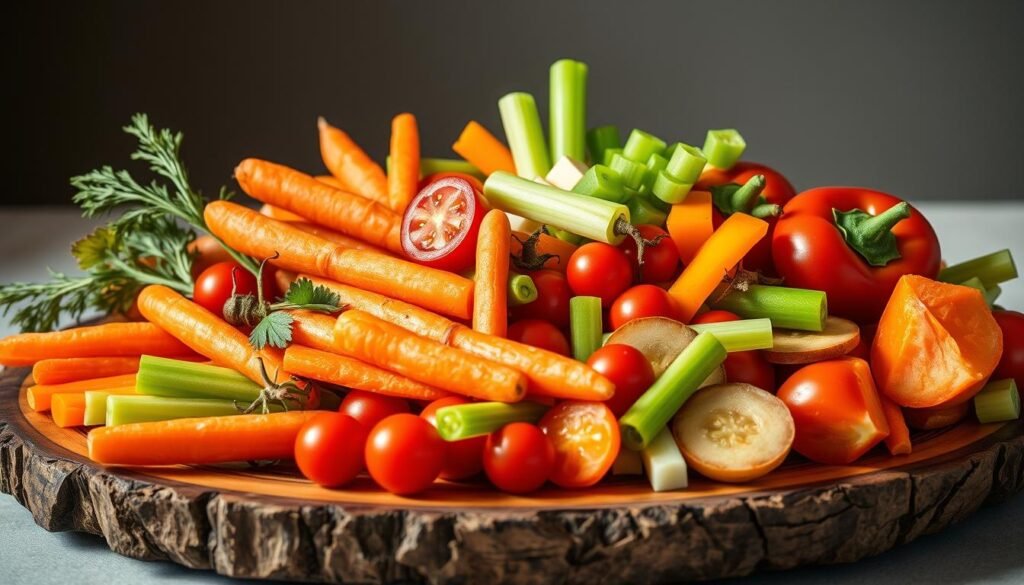 A bountiful display of fresh, vibrant vegetables artfully arranged on a rustic wooden platter. An assortment of crisp carrots, juicy grape tomatoes, crunchy celery sticks, and vibrant bell pepper slices, each carefully selected and thoughtfully positioned to create a visually appealing and appetizing centerpiece. The lighting is soft and natural, casting a warm glow that highlights the vibrant colors and textures of the produce. The platter is set against a neutral background, allowing the vegetables to take center stage and capturing the essence of a simple, yet elegant Thanksgiving appetizer that is sure to delight and impress your guests. A bountiful display of fresh, vibrant vegetables artfully arranged on a rustic wooden platter. An assortment of crisp carrots, juicy grape tomatoes, crunchy celery sticks, and vibrant bell pepper slices, each carefully selected and thoughtfully positioned to create a visually appealing and appetizing centerpiece. The lighting is soft and natural, casting a warm glow that highlights the vibrant colors and textures of the produce. The platter is set against a neutral background, allowing the vegetables to take center stage and capturing the essence of a simple, yet elegant Thanksgiving appetizer that is sure to delight and impress your guests.