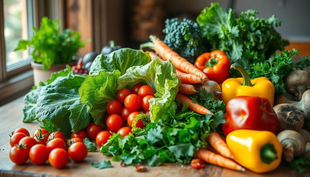 A bountiful display of freshly harvested vegetables, artfully arranged on a rustic wooden table. An array of vibrant colors and textures, including crisp romaine lettuce, juicy cherry tomatoes, crunchy carrots, vibrant bell peppers, and earthy mushrooms. Soft natural lighting filters through the window, casting a warm glow over the scene. The composition is balanced and visually appealing, inviting the viewer to imagine the delicious salad that could be crafted from these ingredients. A sense of culinary inspiration and the abundance of nature pervades the image.