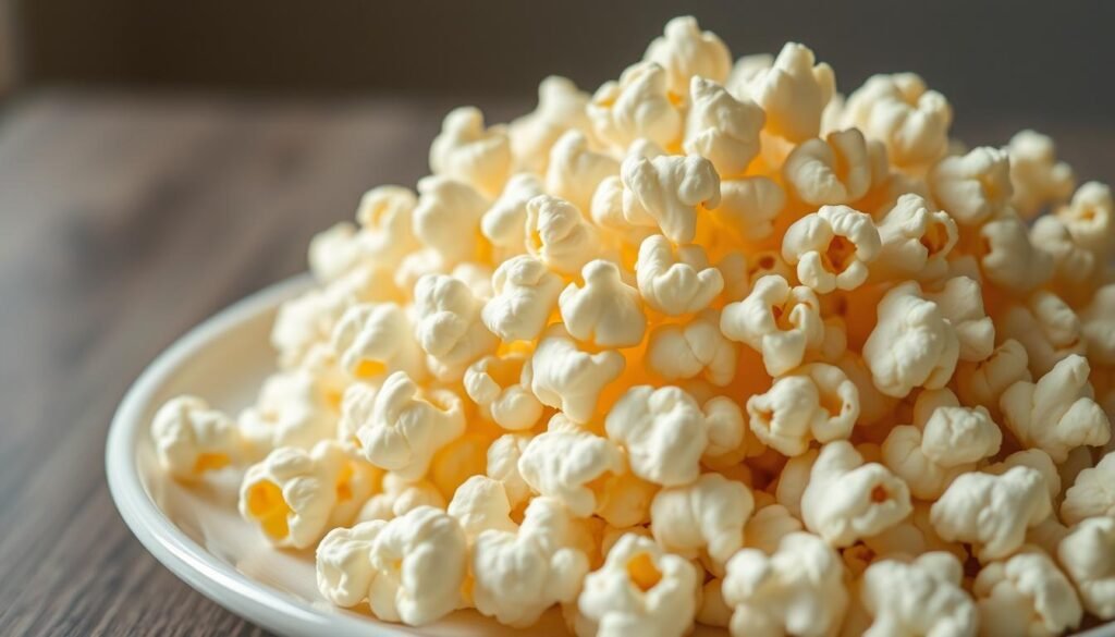 A bountiful pile of freshly air-popped popcorn kernels, each one delicately puffed and glistening with a light coating of natural oils, resting on a simple white ceramic plate. The warm, inviting aroma of the popcorn fills the frame, drawing the viewer in. Soft, diffused lighting illuminates the scene, casting a gentle glow on the popcorn and creating a sense of comfort and indulgence. The background is blurred, keeping the focus on the popcorn as the star of the image, a healthy and satisfying snack option.