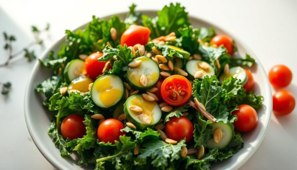 A bountiful salad bowl filled with fresh, vibrant kale leaves, crisp cucumber slices, juicy cherry tomatoes, and toasted sunflower seeds. The kale's deep green hues are highlighted by a drizzle of a bright, tangy lemon vinaigrette that glistens on the leaves. The salad is artfully arranged on a white ceramic plate, capturing the perfect balance of flavors and textures. Soft, natural lighting illuminates the scene, casting a warm, inviting glow. The composition is framed by a clean, minimalist background, allowing the salad to take center stage. This classic kale salad recipe exudes freshness, wholesomeness, and an irresistible appeal to the senses.