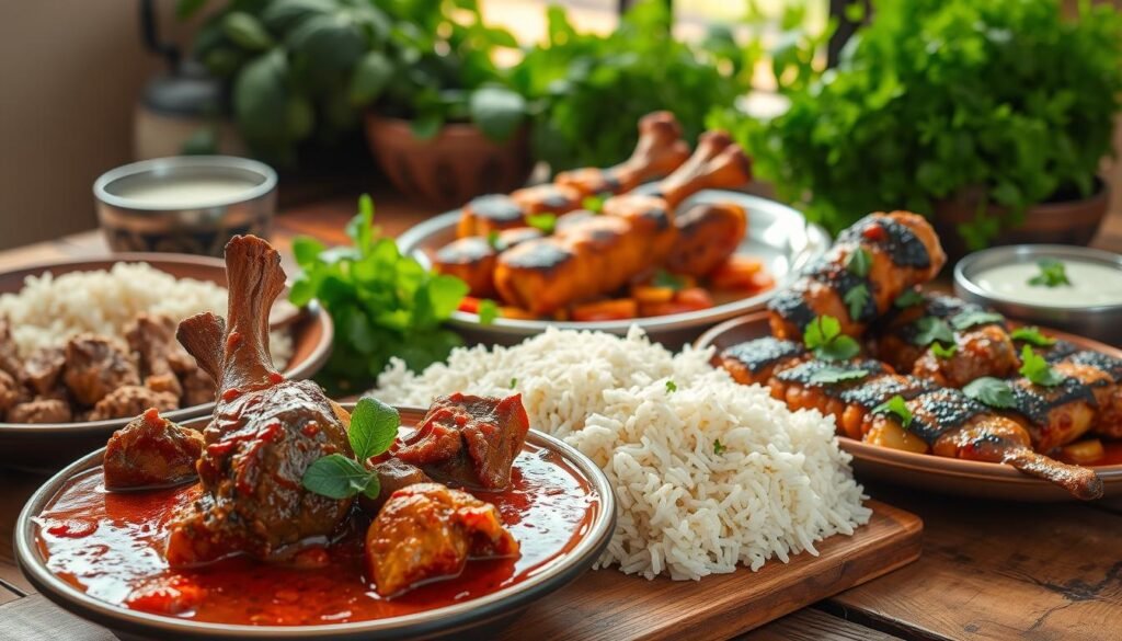 A bountiful spread of aromatic non-vegetarian Indian dishes on a rustic wooden table, bathed in warm, natural lighting. In the foreground, tender lamb curry simmers in a rich, spice-infused gravy, accompanied by fragrant basmati rice. Alongside, juicy tandoori chicken legs gleam with a crimson glaze, their charred edges inviting. In the middle ground, a platter of succulent fish tikka, its flaky texture contrasting with the tangy, creamy mint chutney. In the background, a backdrop of lush, vibrant herbs and spices, hinting at the depth of flavors to come. The overall scene exudes a sense of abundance, comfort, and the enticing aromas of an authentic Indian non-vegetarian lunch.