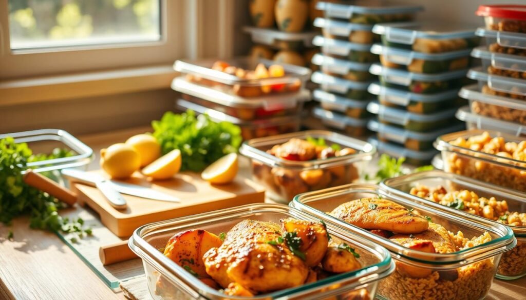 A bountiful summer chicken meal prep scene. In the foreground, a set of glass meal prep containers filled with grilled chicken thighs, roasted vegetables, and quinoa salad. Bathed in warm, golden afternoon light filtering through a window. In the middle ground, a cutting board with fresh herbs, lemon wedges, and a chef's knife. Stacks of reusable storage containers in the background, ready to be filled. The scene conveys a sense of organized abundance, with the chicken meal prep as the star of a flavorful, make-ahead summer spread. A bountiful summer chicken meal prep scene. In the foreground, a set of glass meal prep containers filled with grilled chicken thighs, roasted vegetables, and quinoa salad. Bathed in warm, golden afternoon light filtering through a window. In the middle ground, a cutting board with fresh herbs, lemon wedges, and a chef's knife. Stacks of reusable storage containers in the background, ready to be filled. The scene conveys a sense of organized abundance, with the chicken meal prep as the star of a flavorful, make-ahead summer spread.