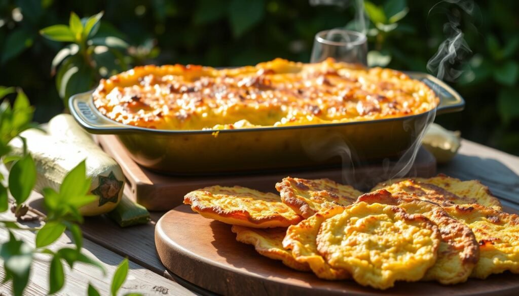A bountiful summer squash casserole, its golden top glistening in the warm afternoon light, sits atop a rustic wooden table. Beside it, delicate fritters - crisp on the outside, tender within - are arranged artfully, their vibrant green hues a testament to the season's finest produce. Wispy tendrils of steam rise, beckoning the senses. The scene is framed by a background of lush, verdant foliage, casting a soft, natural glow over the culinary delights. The overall atmosphere is one of abundance, comfort, and the simple pleasures of homemade summer fare.