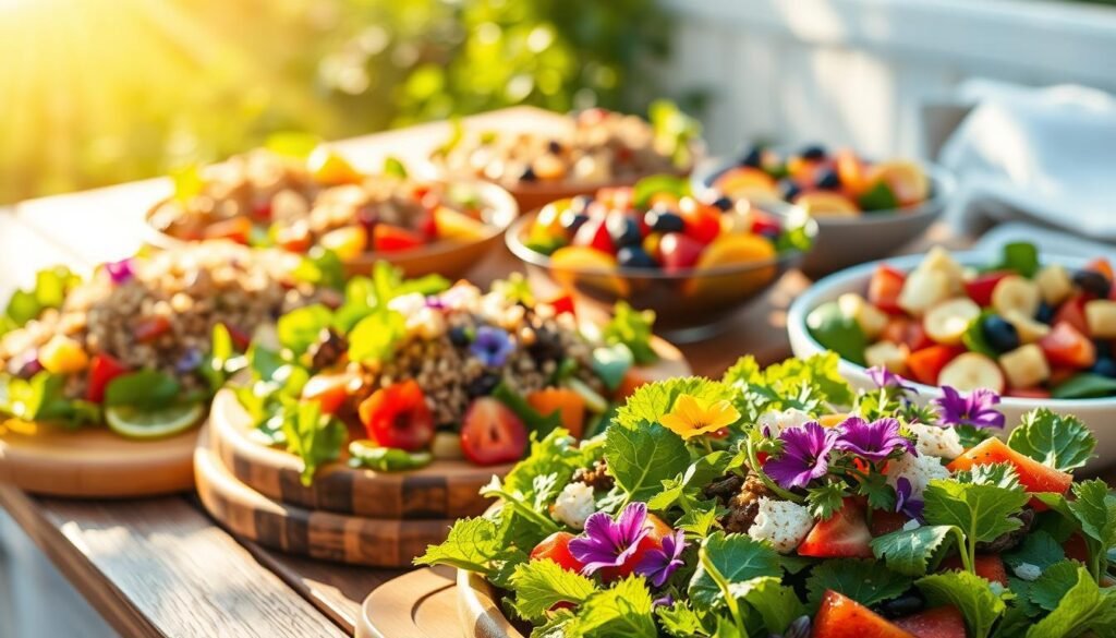 A bountiful table, bathed in warm, golden sunlight, showcases an array of fresh vegetarian salads. In the foreground, a crisp green salad with vibrant veggies, garnished with edible flowers, invites the viewer to savor its refreshing flavors. In the middle ground, a quinoa and roasted vegetable salad, its colors popping against a backdrop of wooden boards. Farther back, a colorful fruit salad, its juicy berries and sliced citrus glistening as if freshly plucked. The overall scene radiates a sense of summer abundance, with each salad a testament to the season's bounty and the delightful, nourishing possibilities of a vegetarian lifestyle.