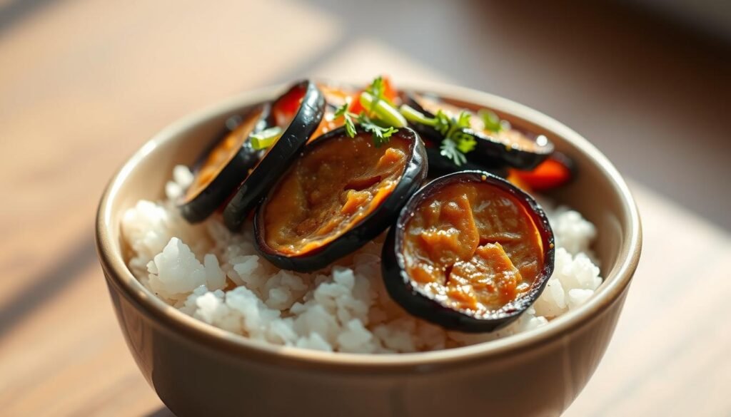 A bowl of freshly cooked Japanese-style eggplant rice, the eggplant slices glistening with a delicate glaze, nestled atop a bed of perfectly steamed short-grain rice. The rich, savory flavors of the eggplant mingle with the nutty aroma of the rice, creating a harmonious and comforting dish. Soft lighting from the side casts a warm glow, highlighting the vibrant purple hues of the eggplant and the fluffy texture of the rice. The scene is captured from a low angle, emphasizing the depth and texture of the dish, inviting the viewer to experience the simple yet flavorful essence of this everyday Japanese meal.