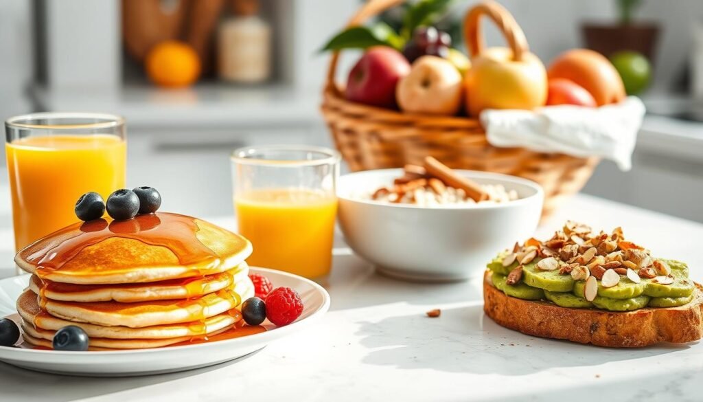 A bright, airy kitchen counter showcasing an assortment of quick and easy vegetarian breakfast options. In the foreground, a plate features a stack of fluffy, golden pancakes drizzled with maple syrup, accompanied by a small bowl of fresh berries. Next to it, a glass of freshly squeezed orange juice reflects the warm, natural lighting. In the middle ground, a bowl of creamy oatmeal topped with sliced almonds, honey, and a sprinkle of cinnamon rests alongside a slice of avocado toast, the bread lightly toasted and adorned with a vibrant green avocado spread. In the background, a basket of assorted seasonal fruits, including apples, pears, and grapes, completes the bountiful vegetarian breakfast scene, captured with a shallow depth of field for a focus on the delectable details. A bright, airy kitchen counter showcasing an assortment of quick and easy vegetarian breakfast options. In the foreground, a plate features a stack of fluffy, golden pancakes drizzled with maple syrup, accompanied by a small bowl of fresh berries. Next to it, a glass of freshly squeezed orange juice reflects the warm, natural lighting. In the middle ground, a bowl of creamy oatmeal topped with sliced almonds, honey, and a sprinkle of cinnamon rests alongside a slice of avocado toast, the bread lightly toasted and adorned with a vibrant green avocado spread. In the background, a basket of assorted seasonal fruits, including apples, pears, and grapes, completes the bountiful vegetarian breakfast scene, captured with a shallow depth of field for a focus on the delectable details.