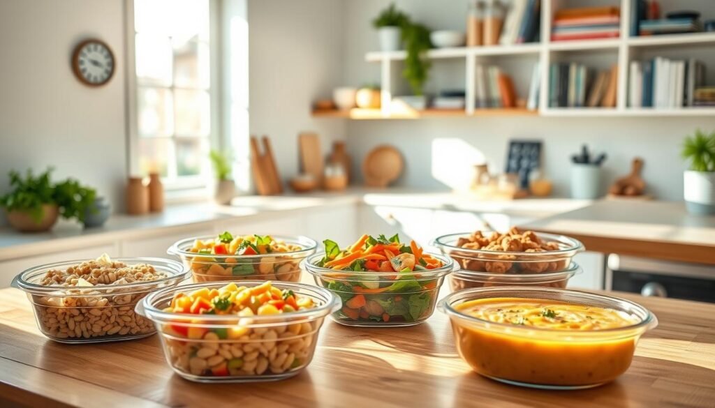 A bright, airy kitchen scene showcases an assortment of make-ahead lunch recipes. In the foreground, a wooden table is laden with neatly arranged containers, each filled with a tempting homemade dish - a hearty grain salad, a vibrant vegetable stir-fry, and a creamy lentil-based soup. Sunlight streams through large windows, casting a warm glow over the scene. In the background, shelves display an array of pantry staples and cookbooks, hinting at the culinary inspirations. The overall atmosphere is one of organization, wholesome nutrition, and the promise of delicious, hassle-free midday meals.