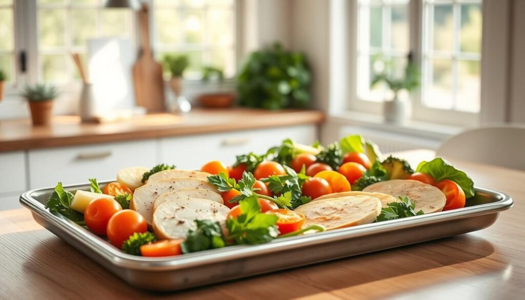 A bright, airy kitchen scene with a large sheet pan filled with an assortment of summer vegetables, herbs, and lean protein. The pan sits atop a clean, minimalist wooden table, bathed in natural light streaming through large windows. The vegetables are arranged in a visually appealing layout, with vibrant colors and textures. The overall mood is one of freshness, simplicity, and healthy indulgence. The scene is captured from a slightly elevated angle, highlighting the sheet pan and its contents in the foreground, with the background blurred to emphasize the star of the image. The lighting is soft and diffused, creating a warm, inviting ambiance.