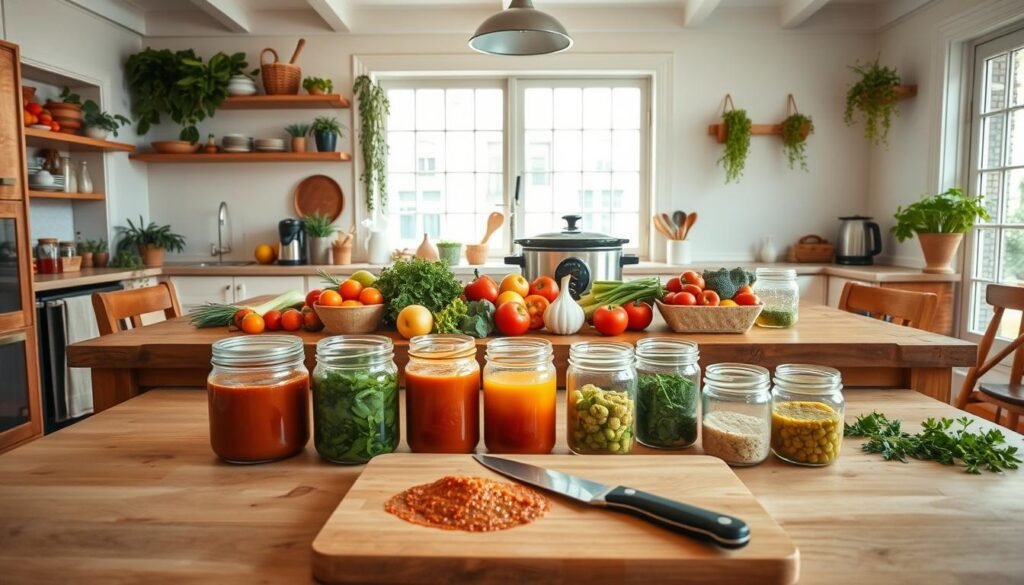 A bright, airy kitchen with a large wooden table in the center. On the table, various summer produce is laid out - fresh vegetables, herbs, and a slow cooker. In the foreground, there are several glass containers and jars filled with homemade sauces, marinades, and pre-prepped ingredients. The middle ground features a cutting board with a sharp knife and a collection of kitchen utensils. The background showcases floor-to-ceiling windows, allowing natural light to flood the space, creating a warm, inviting atmosphere. The overall scene conveys a sense of organization, efficiency, and a dedication to making ahead delicious, nutritious summer meals.