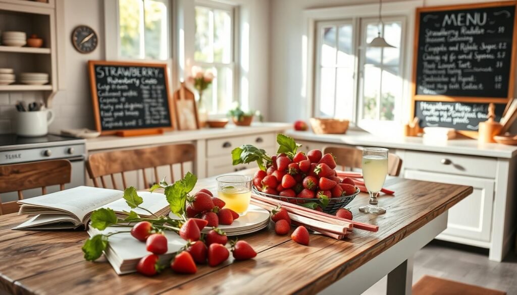 A bright, airy kitchen with a rustic wooden table set for a seasonal cooking session. On the table, an array of fresh strawberries and rhubarb stalks, alongside a vintage recipe book, cooking utensils, and a glass of chilled lemonade. Soft natural light filters in through large windows, casting a warm glow on the scene. In the background, a chalkboard menu showcases a range of strawberry rhubarb inspired dishes, from pies and cobblers to savory tarts and salads. The overall atmosphere evokes a sense of homey, seasonal delight, perfect for menu planning and culinary exploration.