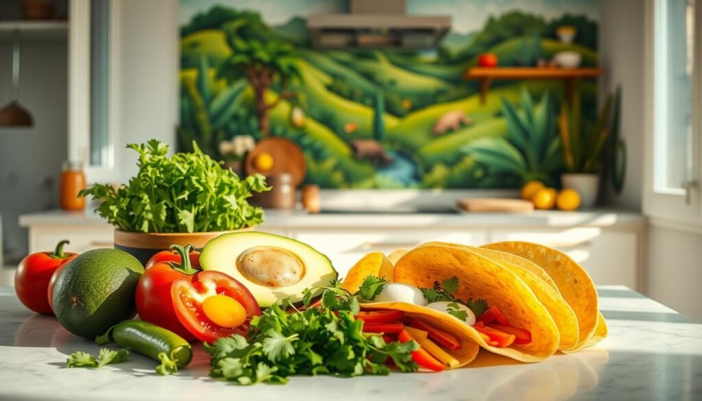 A bright, airy kitchen with natural light streaming in. On the countertop, an assortment of nutritious Mexican breakfast ingredients: fresh avocados, ripe tomatoes, crisp bell peppers, fragrant cilantro, runny eggs, and warm corn tortillas. In the background, a vibrant mural depicting a lush, verdant Mexican landscape. The scene exudes a sense of health, vitality, and authentic Mexican flavors. Captured with a wide-angle lens and warm, natural lighting to emphasize the fresh, wholesome nature of the scene. A bright, airy kitchen with natural light streaming in. On the countertop, an assortment of nutritious Mexican breakfast ingredients: fresh avocados, ripe tomatoes, crisp bell peppers, fragrant cilantro, runny eggs, and warm corn tortillas. In the background, a vibrant mural depicting a lush, verdant Mexican landscape. The scene exudes a sense of health, vitality, and authentic Mexican flavors. Captured with a wide-angle lens and warm, natural lighting to emphasize the fresh, wholesome nature of the scene.