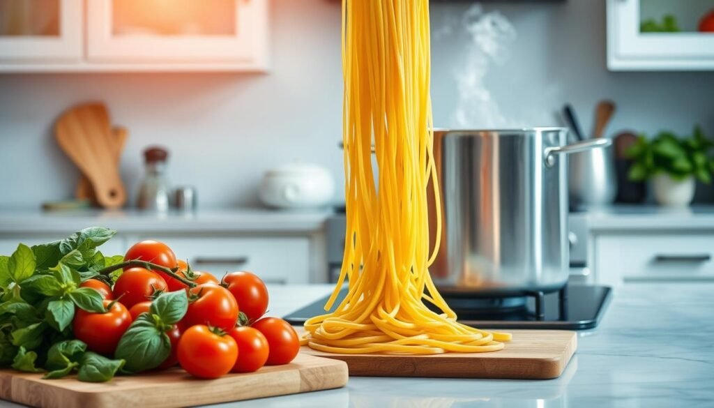 A bright and airy kitchen counter, with a large pot of boiling water on the stove. Fresh pasta noodles cascade from the pot, their golden-hued strands glistening in the warm overhead lighting. Nearby, a wooden cutting board displays a pile of vibrant vegetables - tomatoes, basil, and garlic - ready to be chopped and added to the sauce. The scene exudes a sense of culinary expertise and the promise of a delectable, homemade pasta dish. The composition is balanced, with the pasta taking center stage, surrounded by the essential ingredients for a flavorful meal. The overall atmosphere is one of calm, focused kitchen mastery, inviting the viewer to try their hand at preparing the perfect pasta dinner.